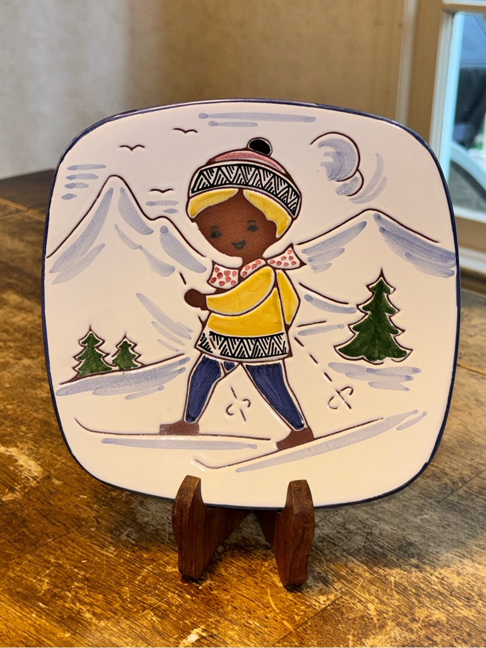 Vintage Gnaveren Norway Hand Painted Ceramic Ski Nordic Winter Folk Art Dish